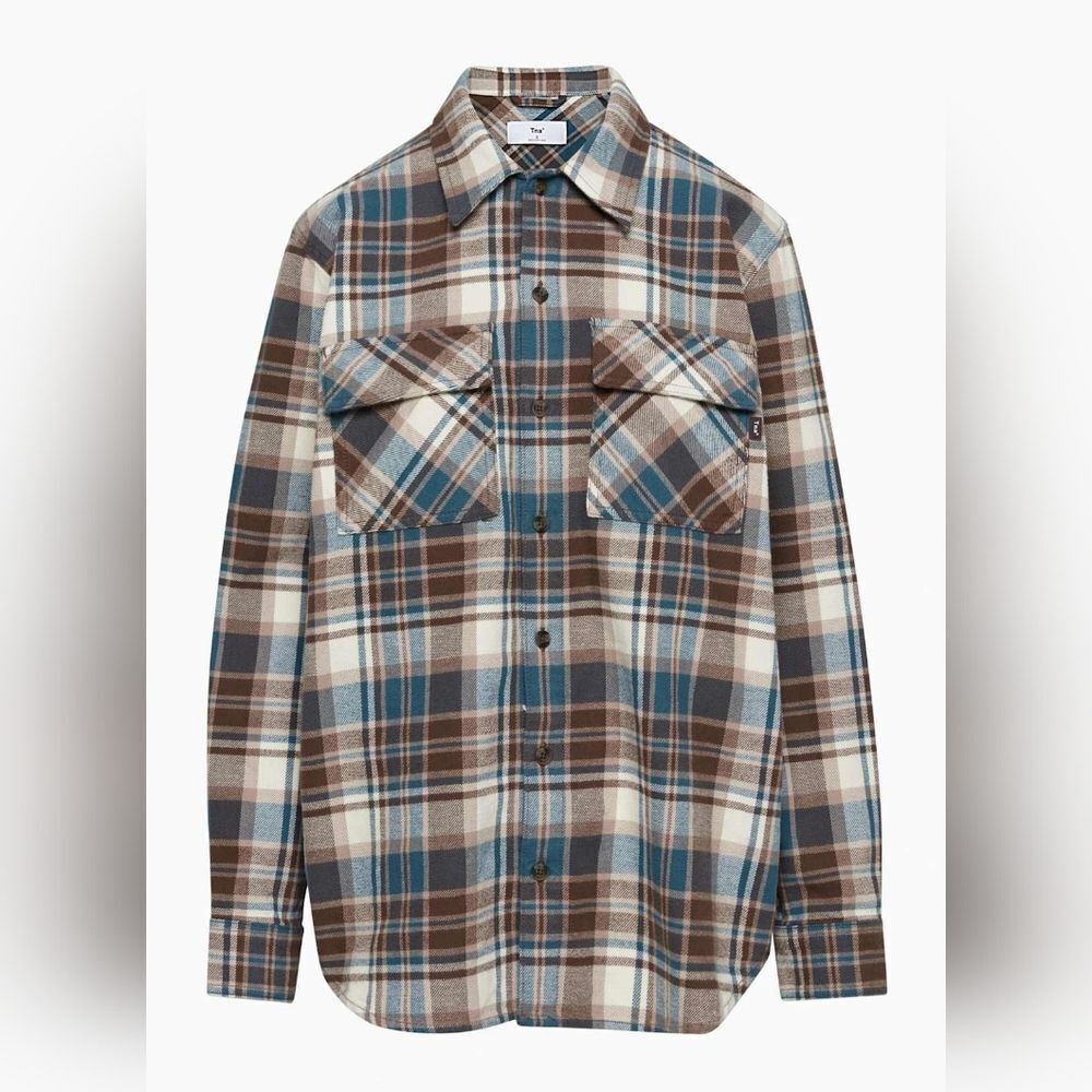 Aritzia Tna Plaid Oversized Boyfriend Flannel Shirt Organic Cotton - Blue/Brown